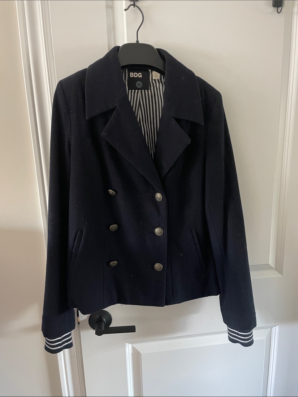 BDG Navy Double-Breasted Short Peacoat with Striped Cuffs
